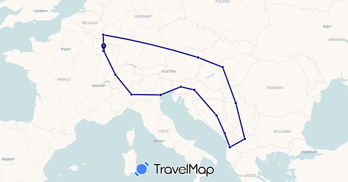 TravelMap itinerary: driving in Albania, Austria, Bosnia and Herzegovina, Switzerland, France, Croatia, Hungary, Italy, Luxembourg, Montenegro, Macedonia, Serbia, Slovenia (Europe)