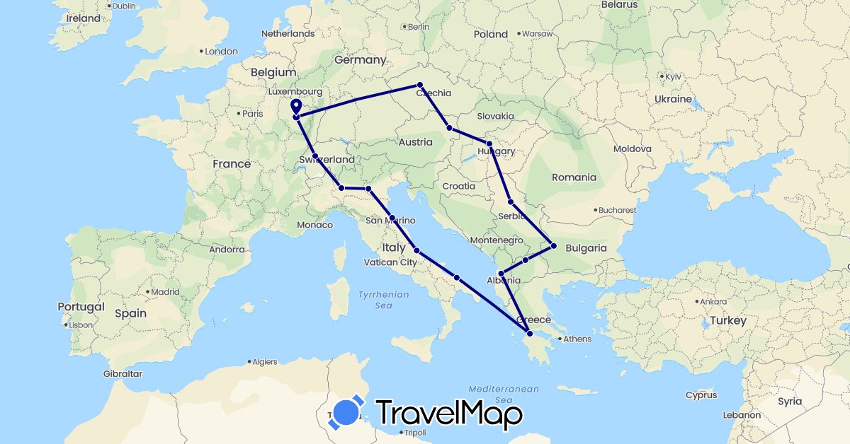 TravelMap itinerary: driving in Albania, Austria, Bulgaria, Switzerland, Czech Republic, France, Greece, Hungary, Italy, Macedonia, Serbia (Europe)